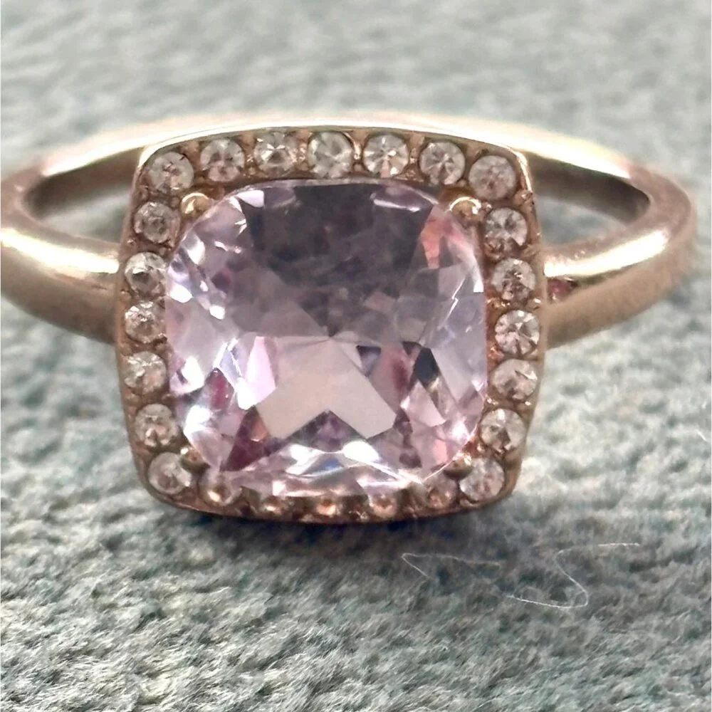 Rose Gold-Plated Cushion Cut Pink Cubic Zirconia Halo Ring W/ White Accent Stone - Picture 3 of 4